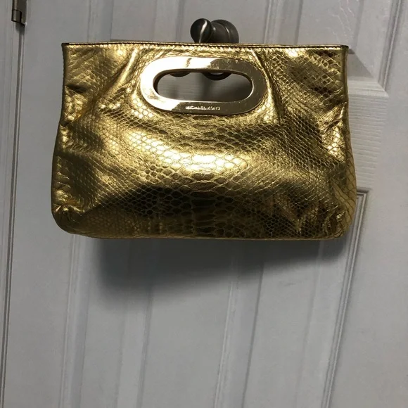 Michael Kors Berkeley Metallic Gold Leather Snakeskin Print Clutch Bag - Picture 1 of 12